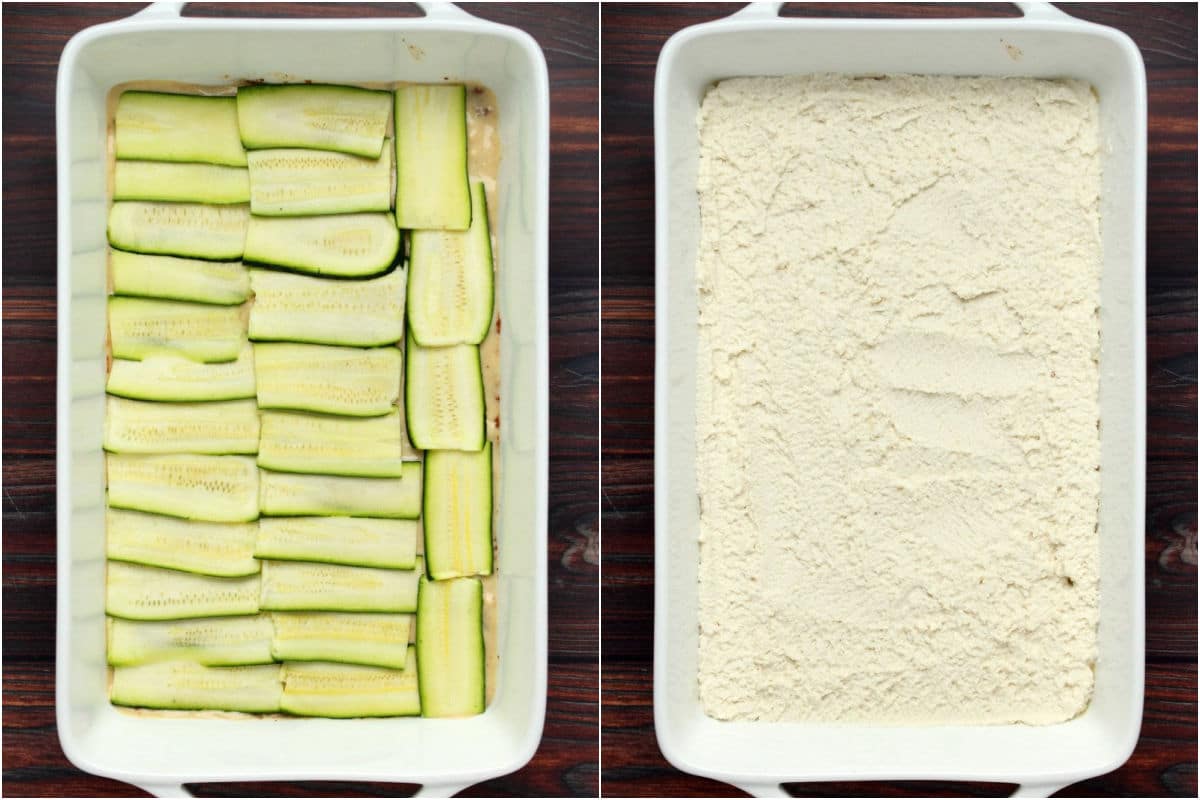 Two photo collage showing layer of zucchini added to dish followed by a layer of vegan ricotta.