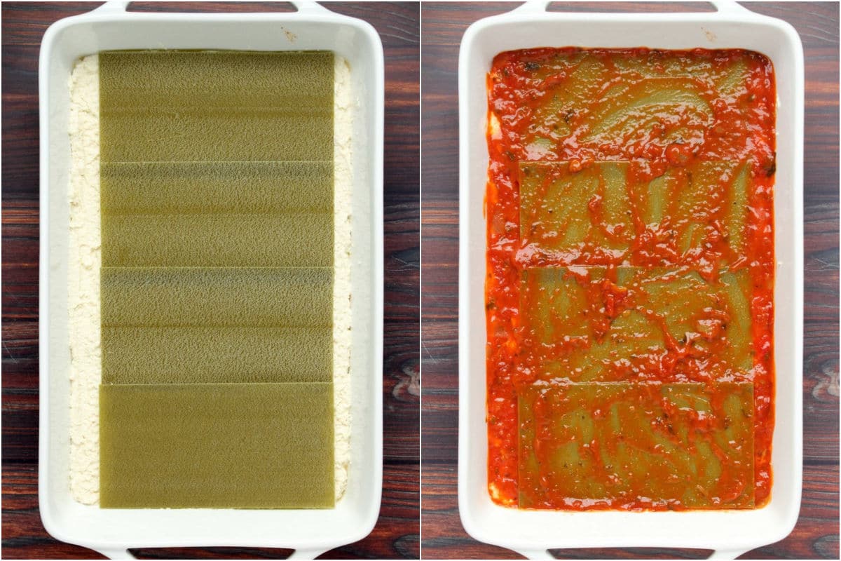 Two photo collage showing layer of spinach noodles added to dish followed by marinara.