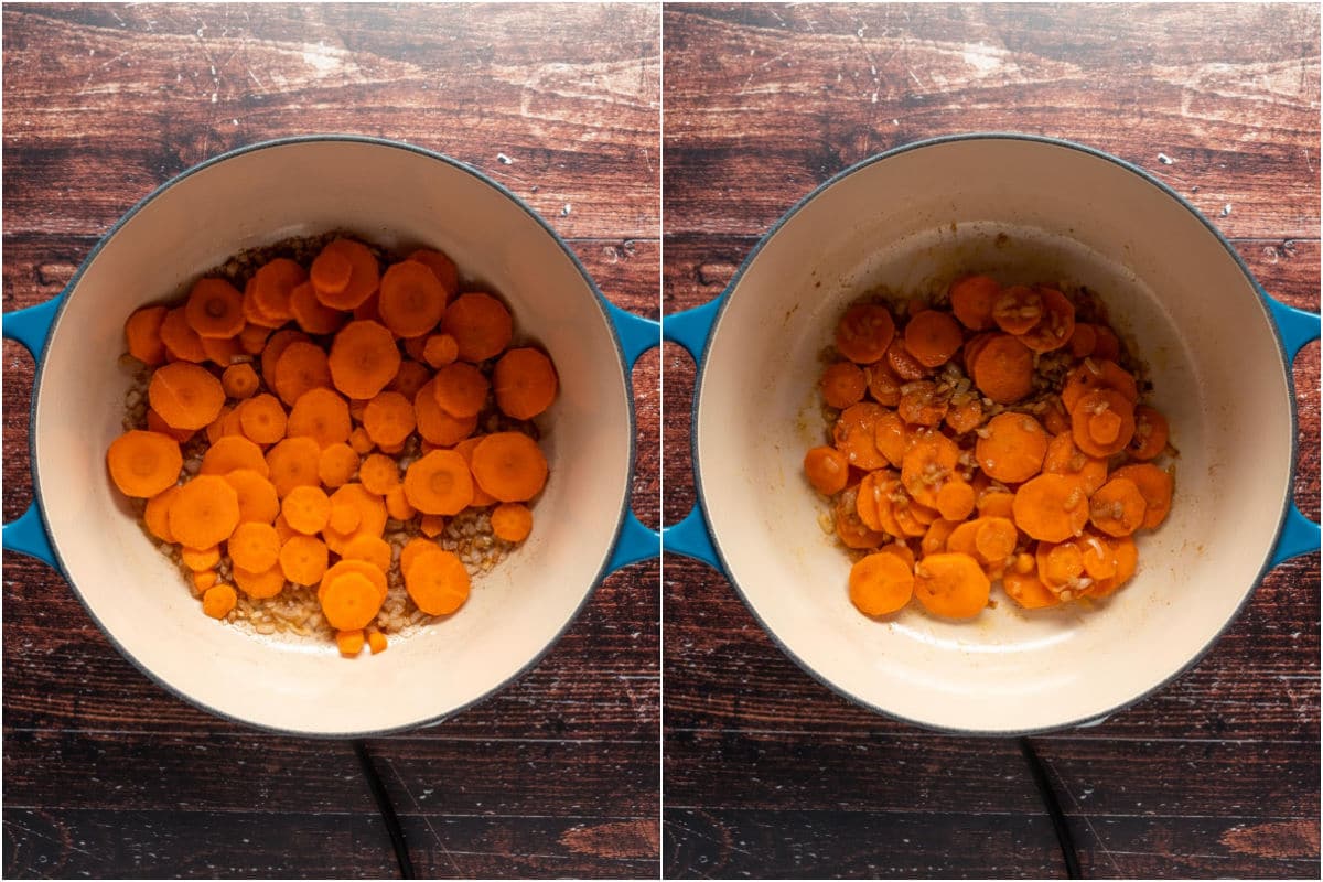 Two photo collage showing chopped carrots added to pot and tossed with the onions.