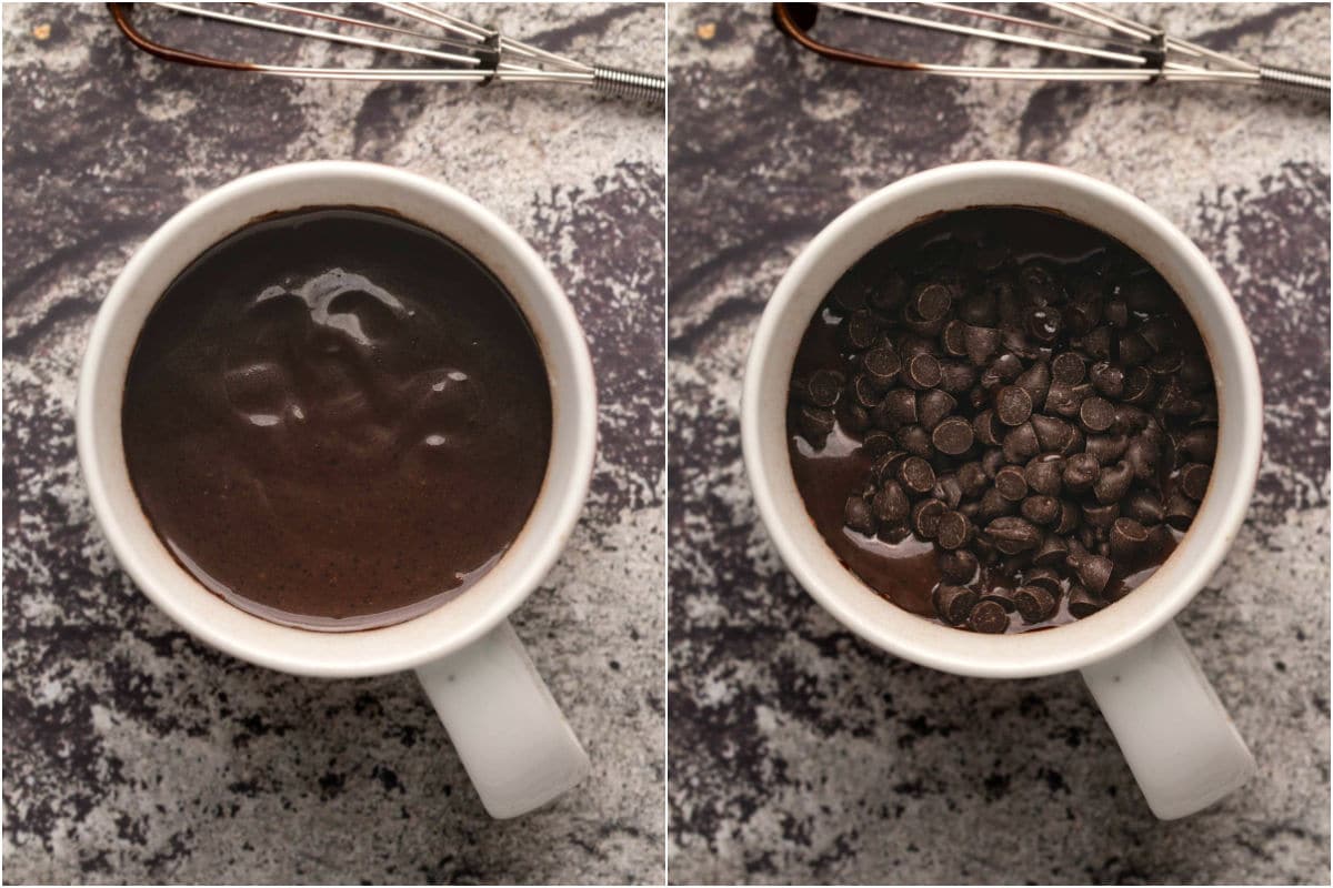 Two photo collage showing batter in a mug and then chocolate chips added to the top.