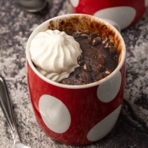 Vegan chocolate mug cake topped with chocolate chips and vegan whipped cream.