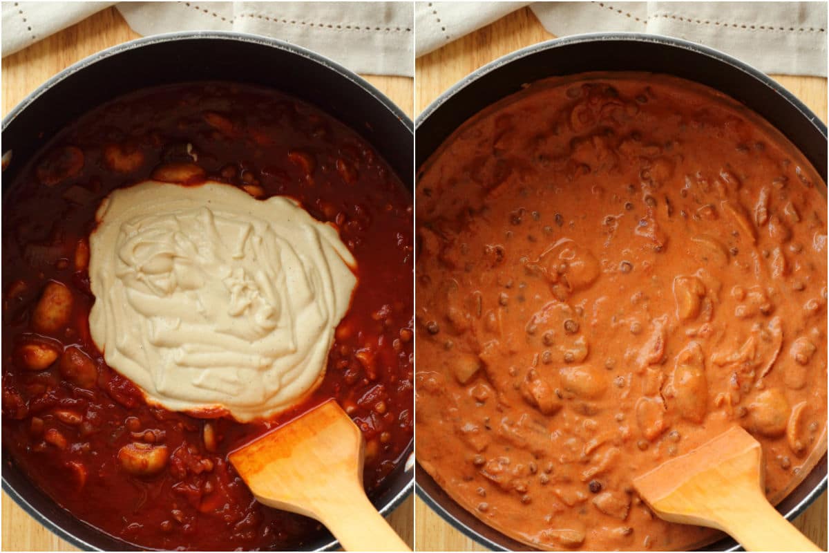 Collage of two photos showing cashew cream added to lentil bolognese sauce and mixed in.