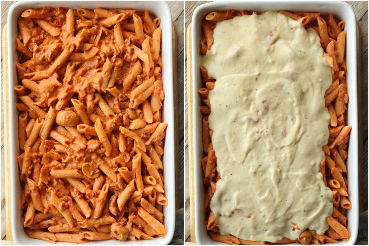 Two photo collage showing pasta and sauce added to 9x13 dish and topped with vegan white sauce.