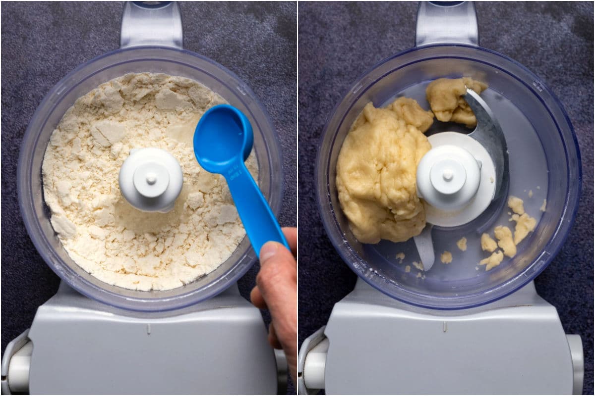 Two photo collage showing iced water added to food processor and processed into a dough.