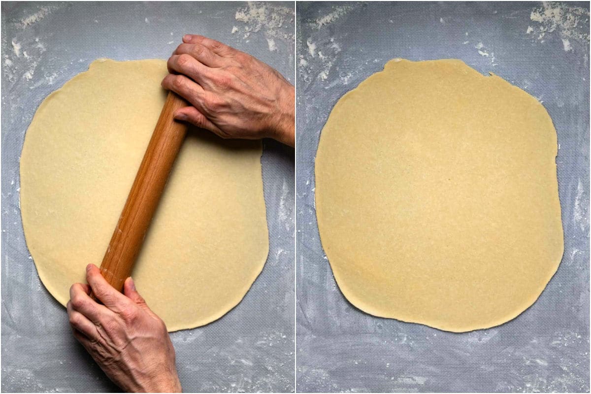 Two photo collage showing rolling out the dough with a rolling pin into a large circle.