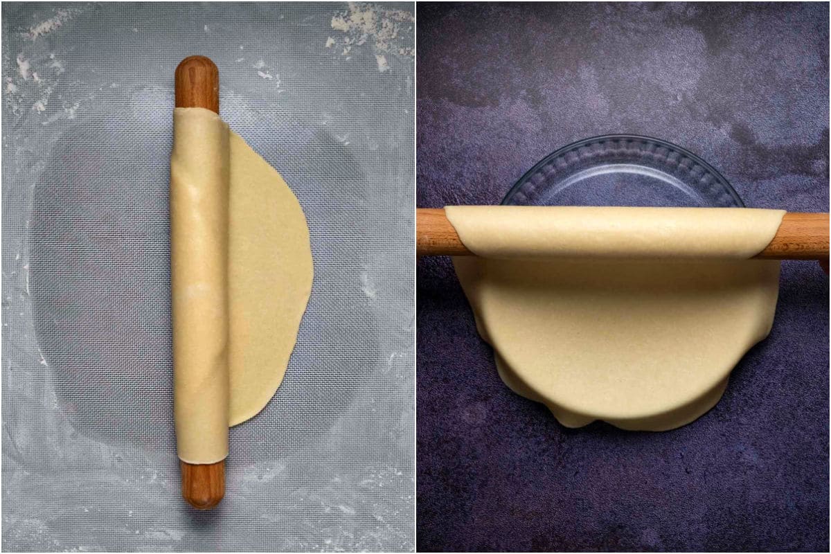 Two photo collage showing wrapping the dough up in a rolling pin and then unrolling it over a glass pie dish.