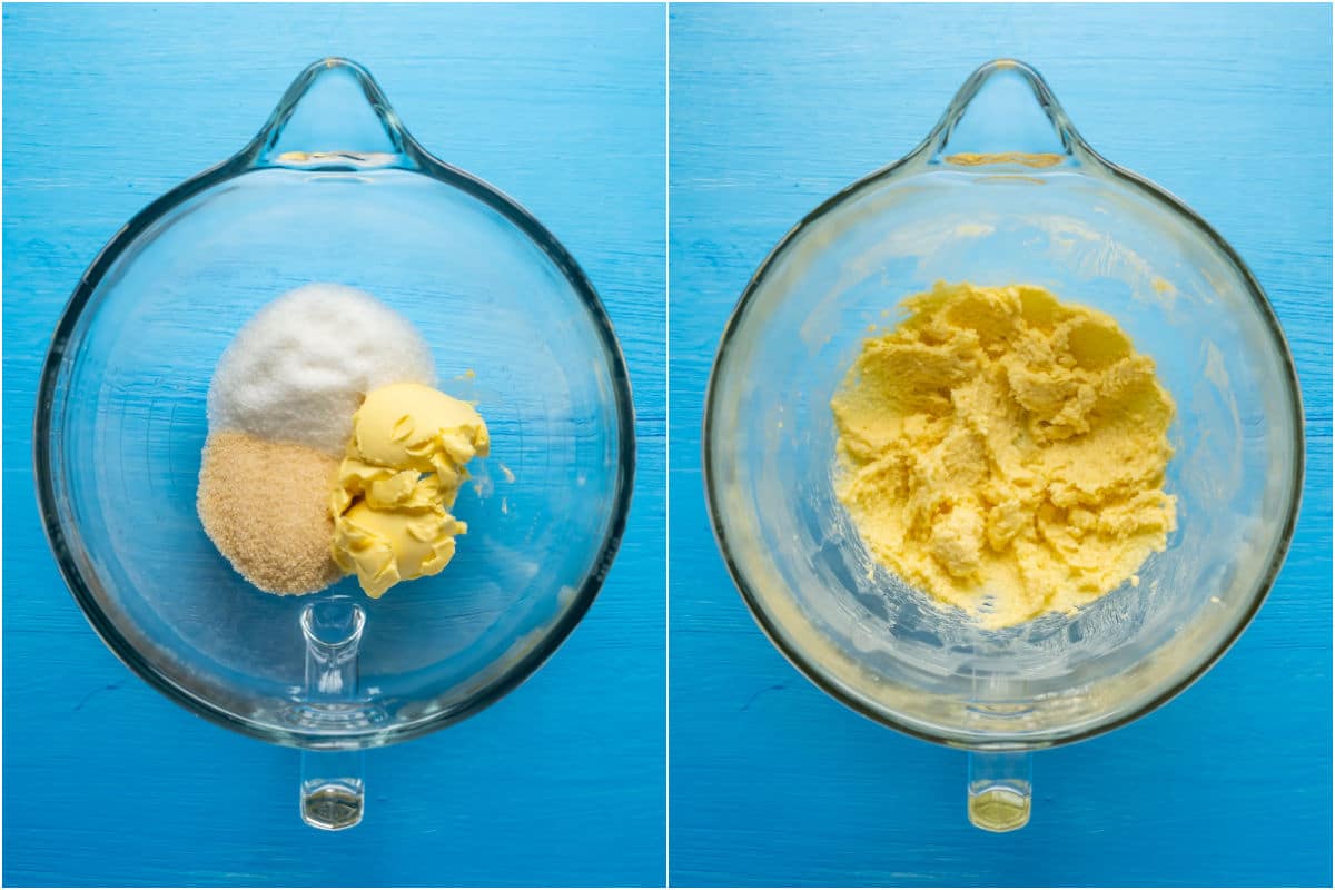 Two photo collage showing vegan butter and white and brown sugar added to stand mixer and mixed together.