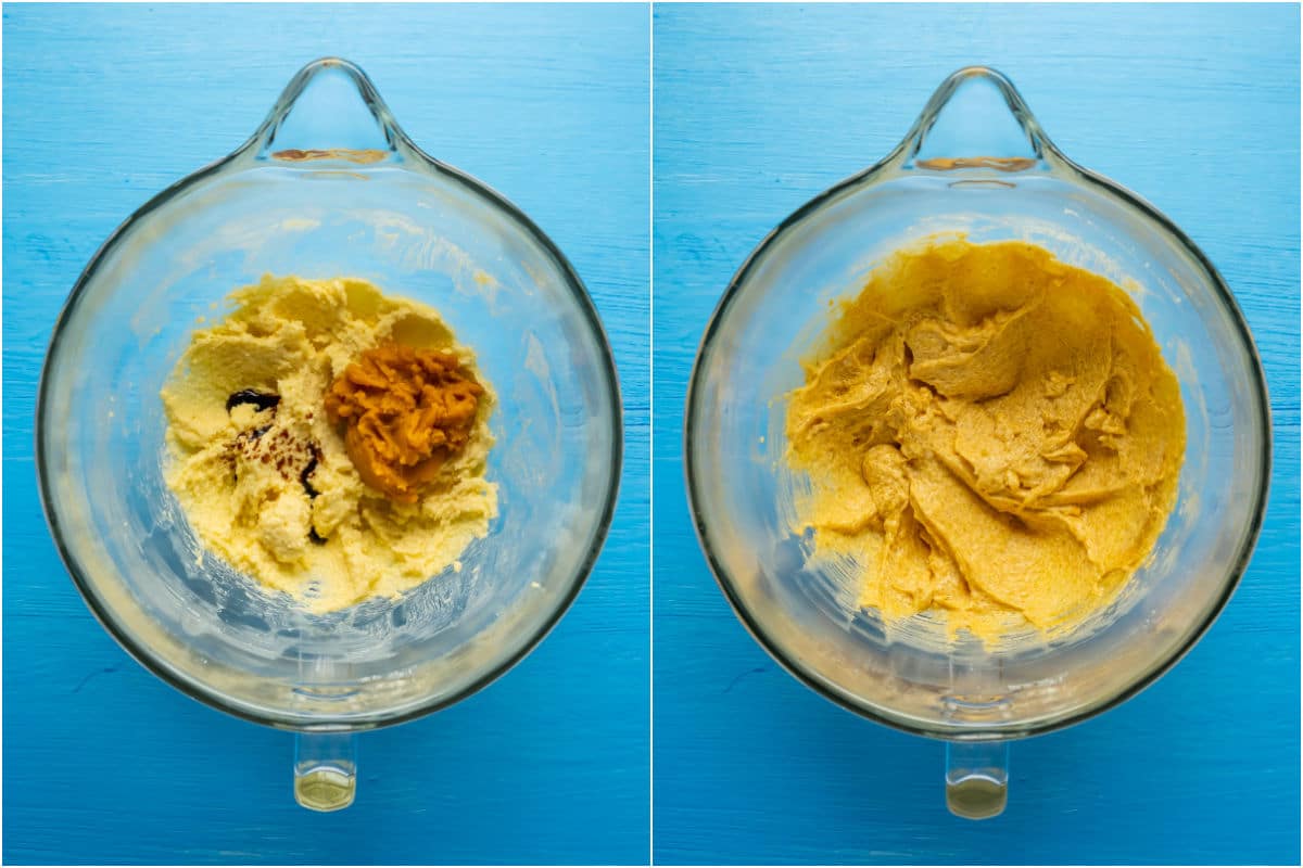 Two photo collage showing pumpkin purée and vanilla added to stand mixer