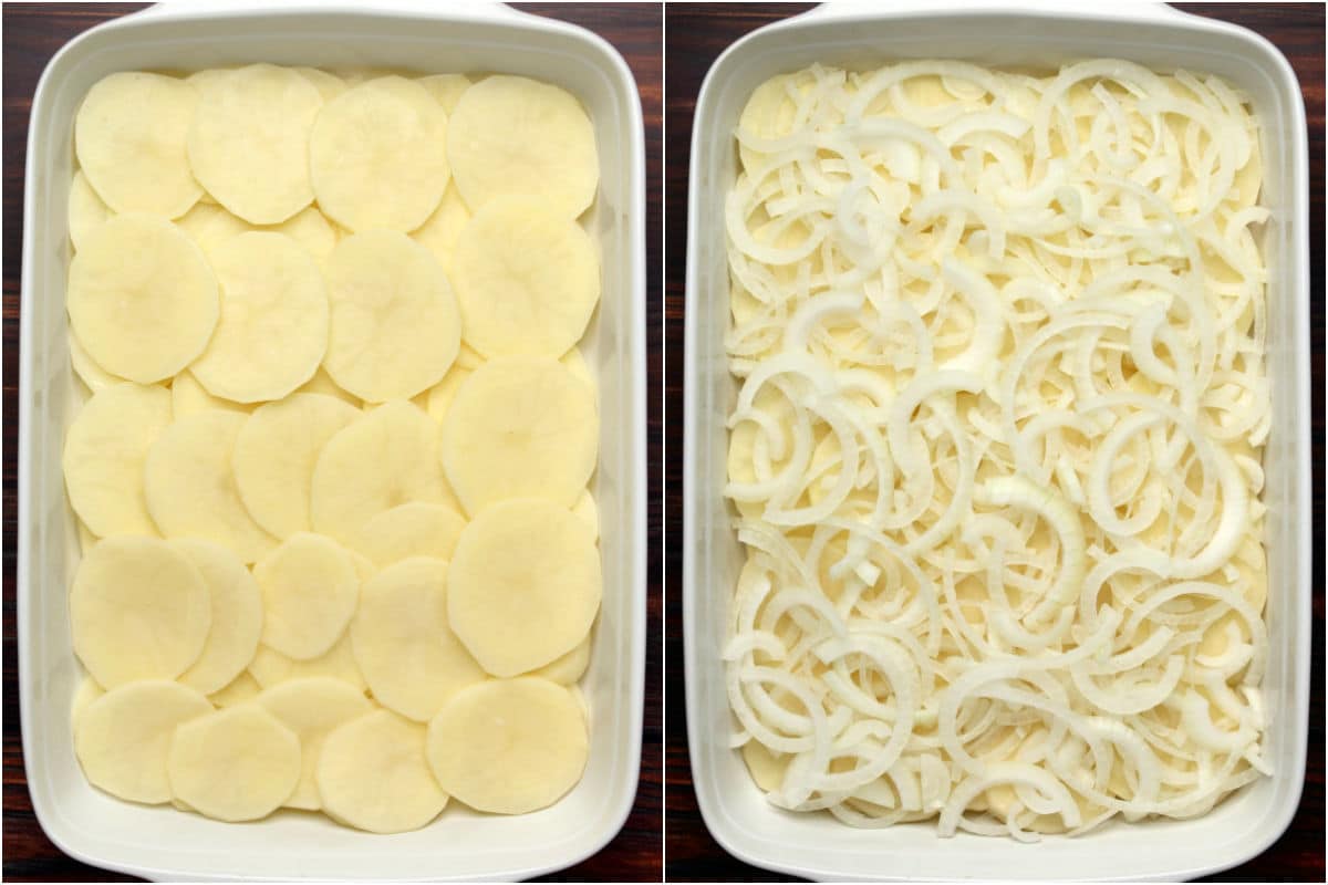 Collage of two photos showing a layer of thinly sliced potatoes added to 9x13 dish followed by a layer of sliced onions.