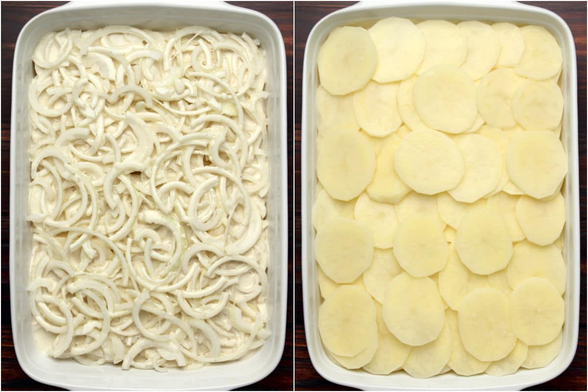 Two photo collage showing half the sauce poured over the sliced onions and then topped with another layer of thinly sliced potatoes.