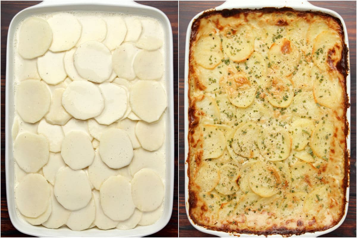 Two photo collage showing remaining sauce poured over potatoes and then the baked dish topped with dried chives.