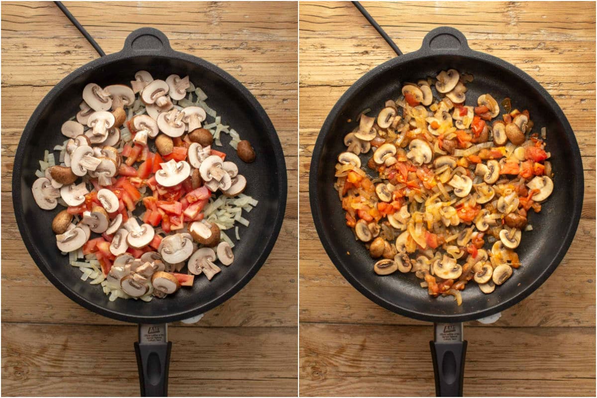 Two photo collage showing sliced mushrooms and chopped tomato added to a frying pan and sautéed with onions and olive oil.