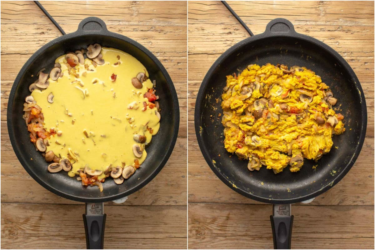 Two photo collage showing scramble sauce poured over veggies in frying pan and cooked up into a vegan scramble.