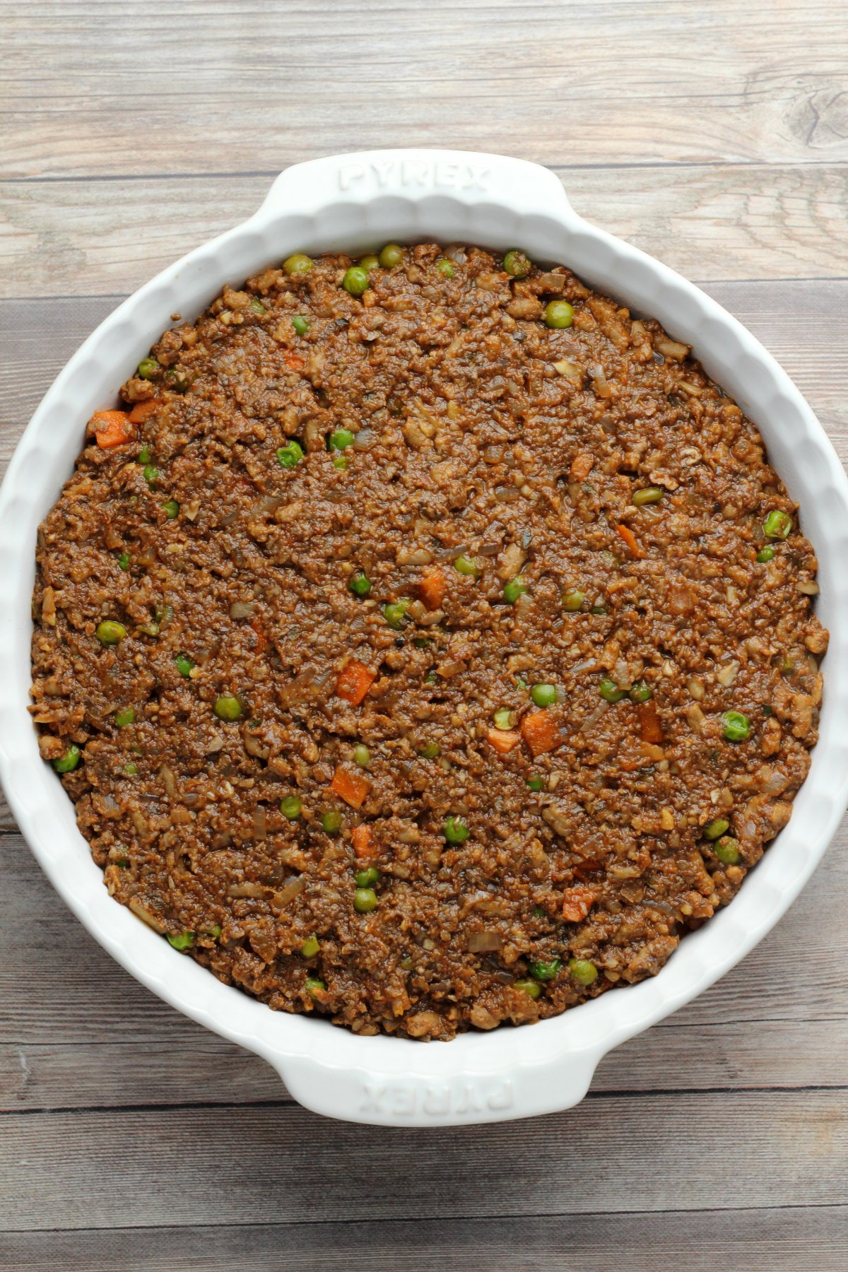 Vegan mince in a white dish.