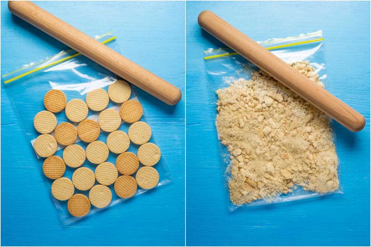 Collage of two photos showing shortbread cookies added to ziploc bag and crushed with a rolling pin.
