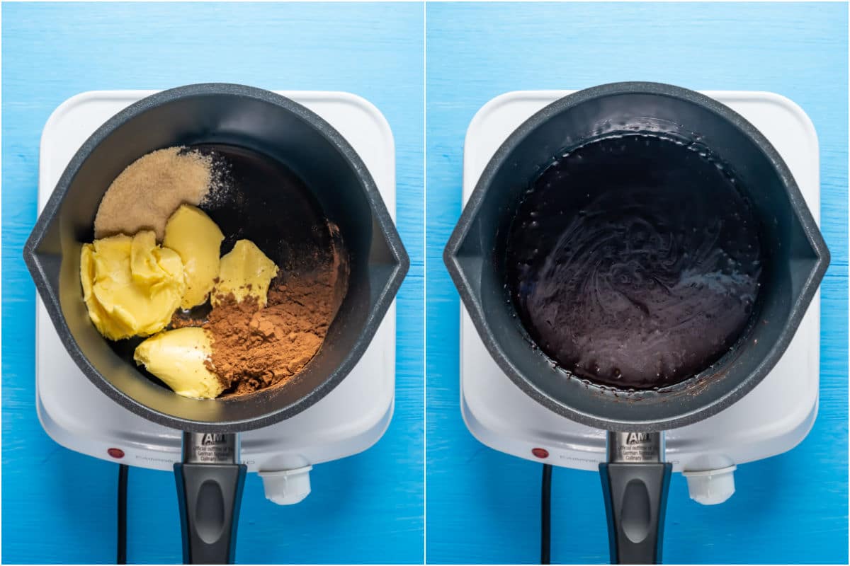 Collage of two photos showing vegan butter, cocoa powder, sugar and syrup added to saucepan and melted together.