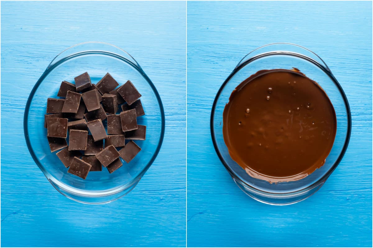 Two photo collage showing chocolate in a microwave safe bowl and then melted. 