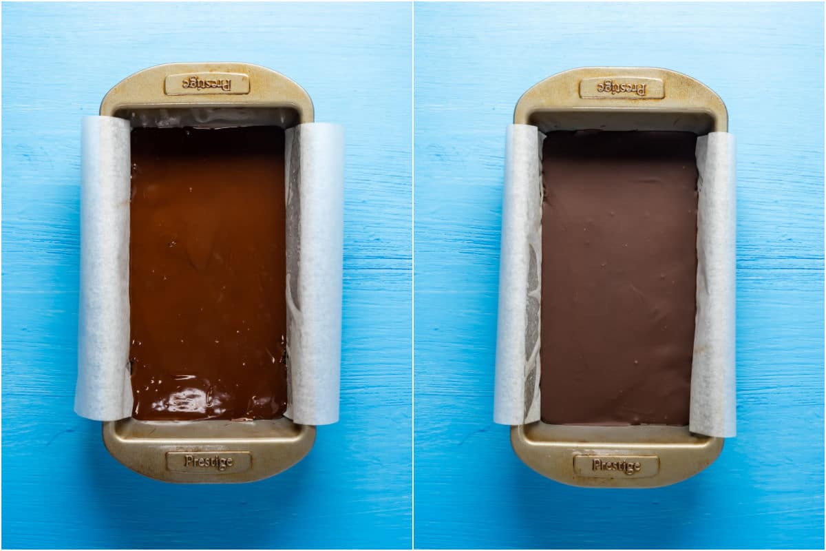 Collage of two photos showing melted chocolate added to the top of the tiffin and then refrigerated to set. 