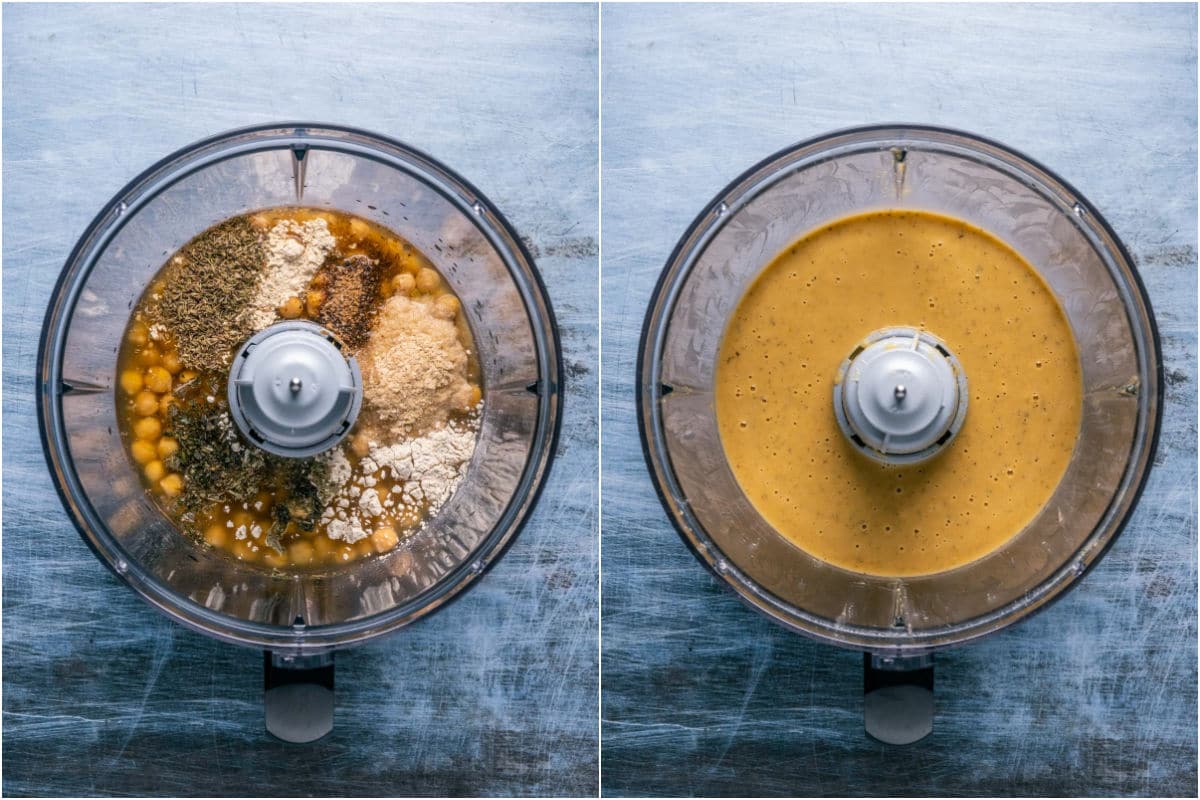 Two photo collage showing ingredients added to food processor and processed until smooth.