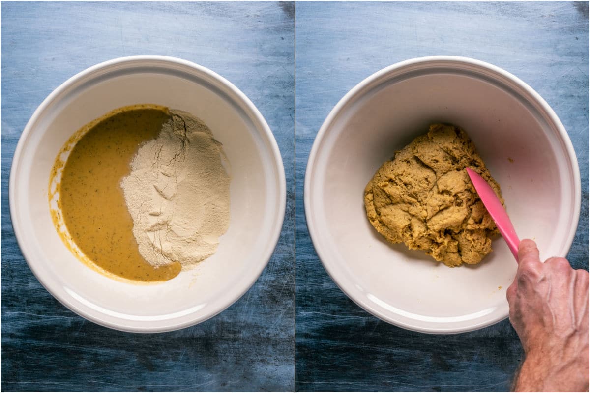 Two photo collage showing wet ingredients in a bowl, vital wheat gluten added and mixed in.