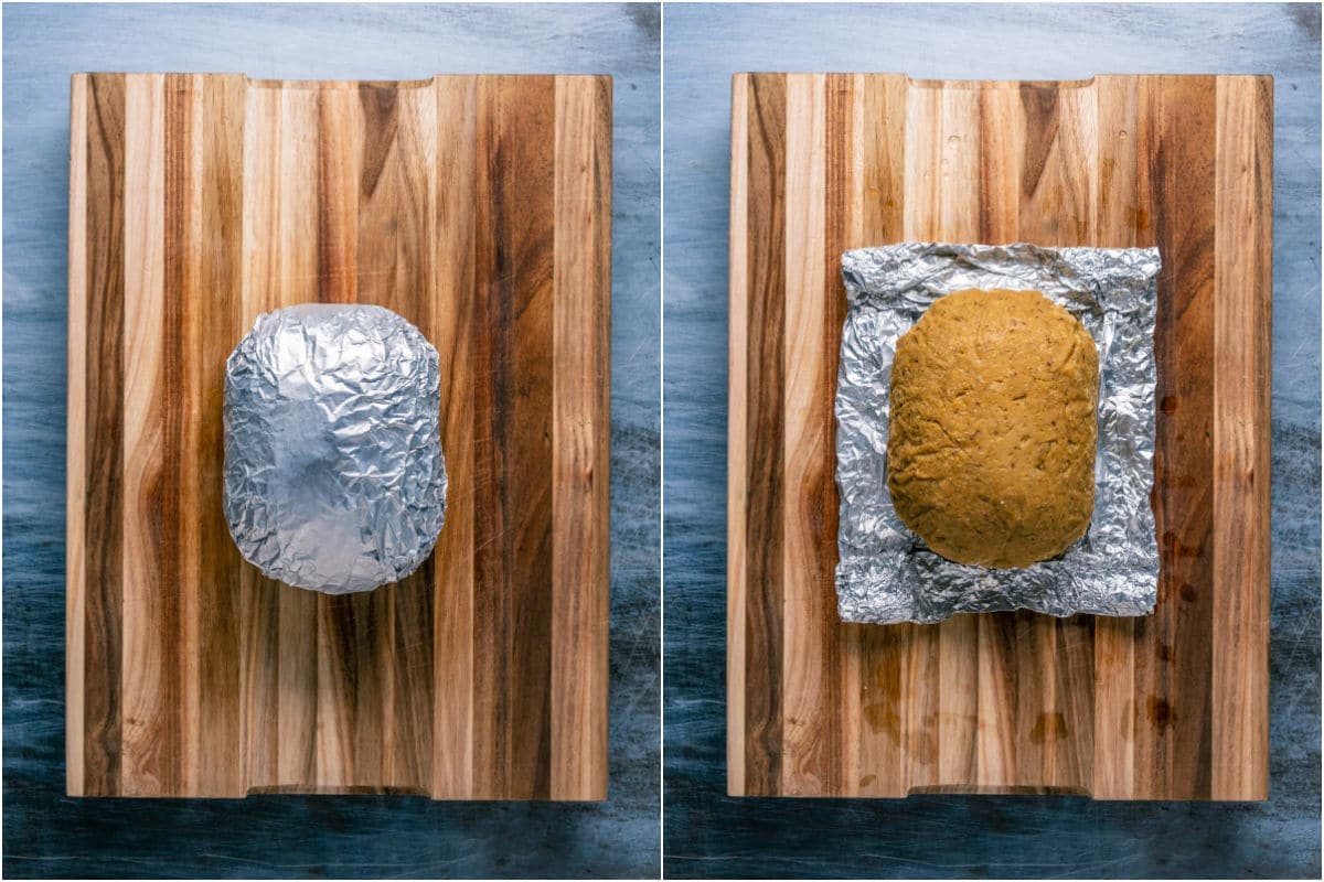 Two photo collage showing the seitan wrapped in foil and then unwrapped.