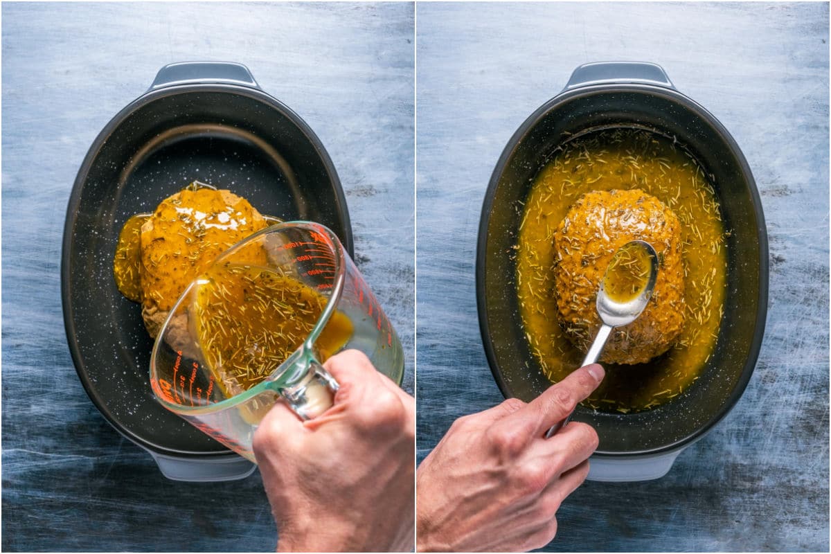 Two photo collage showing vegan turkey roast in a roasting dish and vegan butter sauce poured over the top.