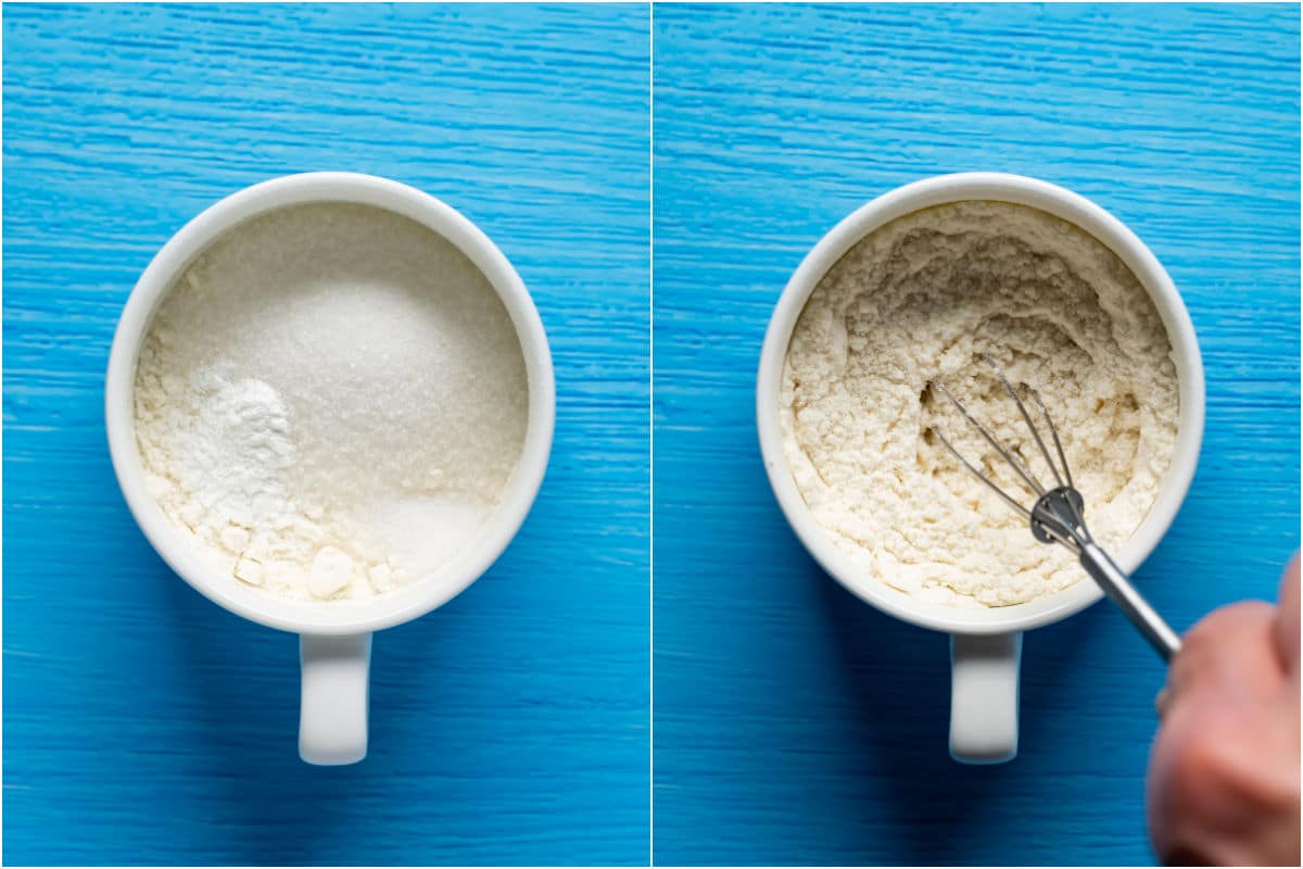 Two photo collage showing dry ingredients added to mug and whisked.