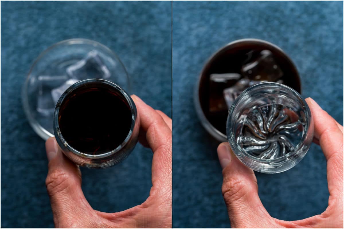 Two photo collage showing kahlua added to a glass followed by vodka.