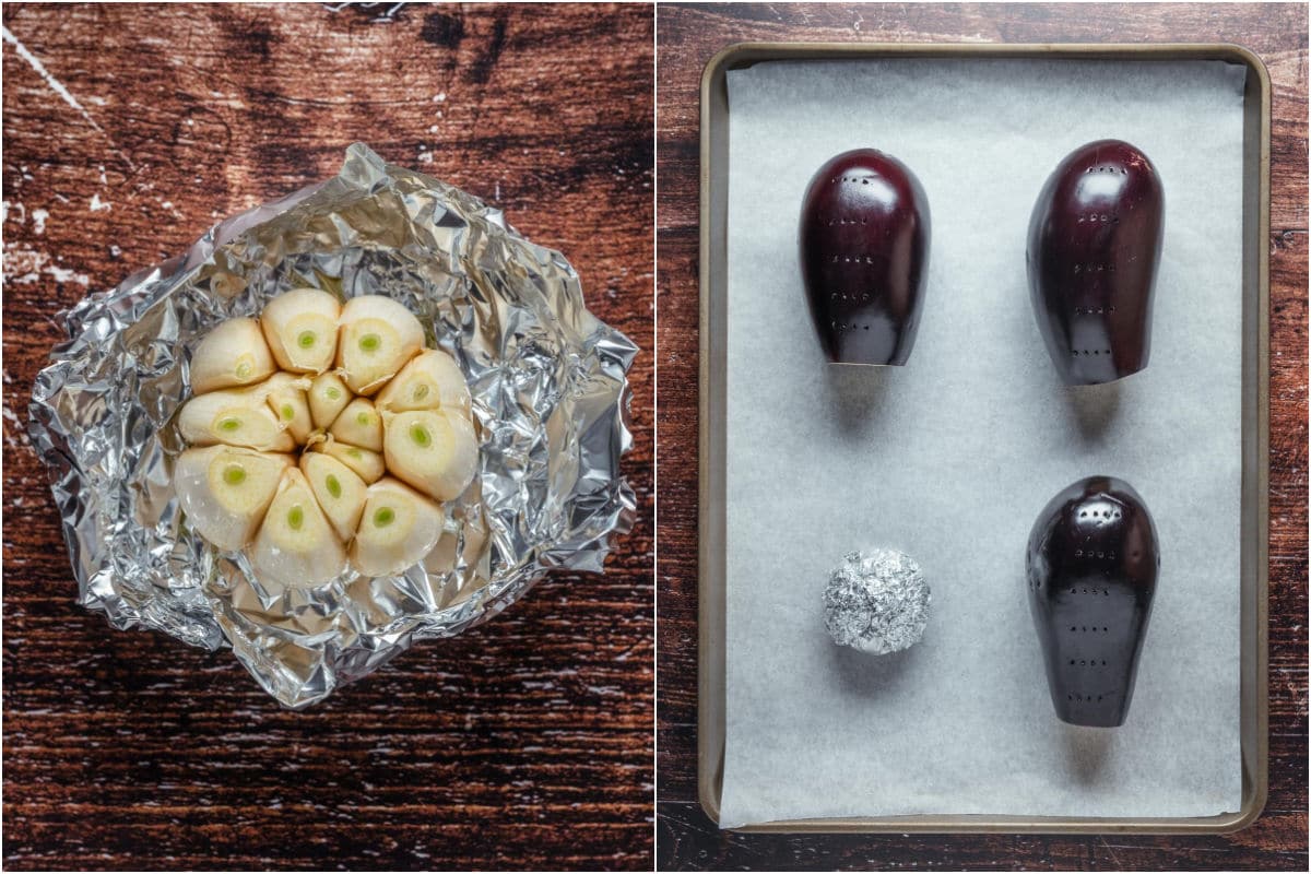 Two photo collage showing head of garlic in foil and then on a parchment lined baking tray with three whole eggplants.
