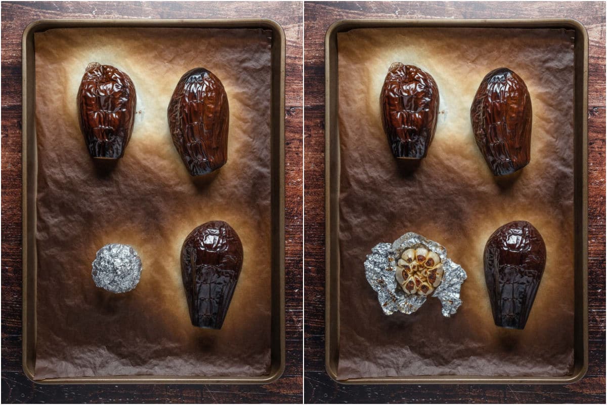 Two photo collage showing baked eggplants on a baking tray and then the garlic unwrapped from the foil.