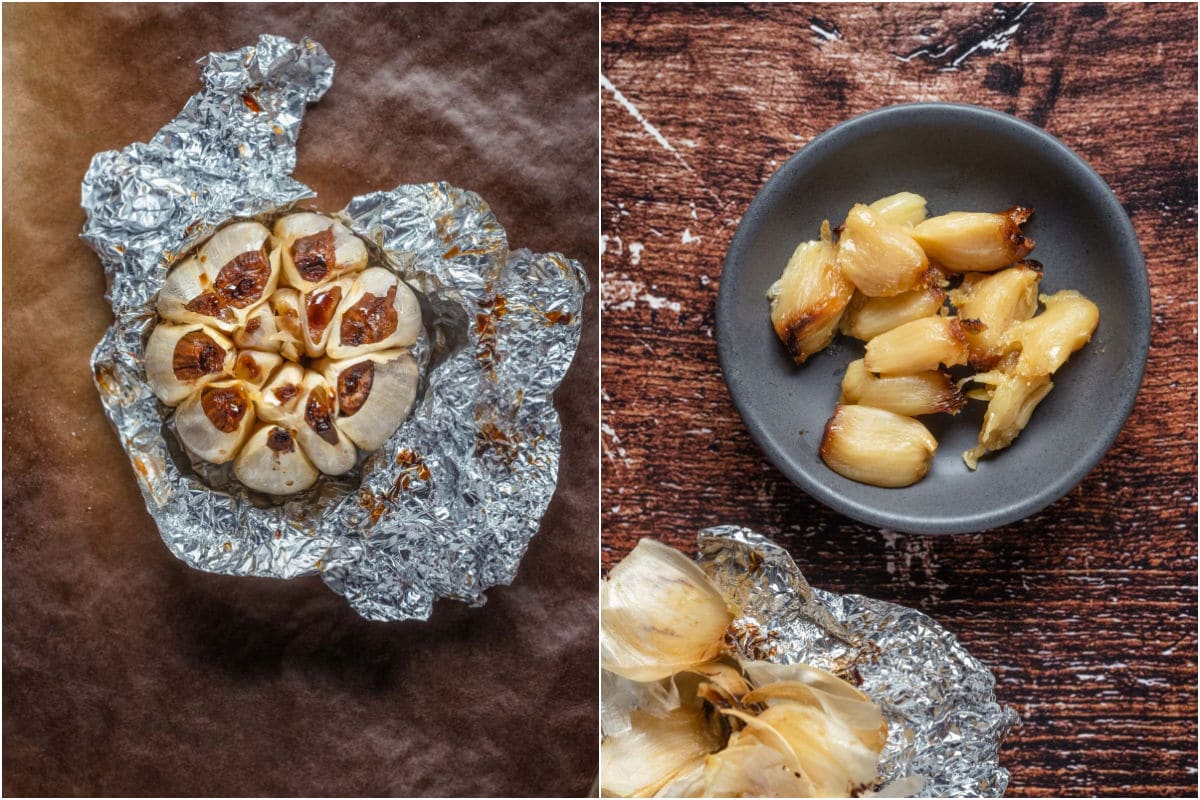 Two photo collage showing the roasted garlic popped out into a bowl.