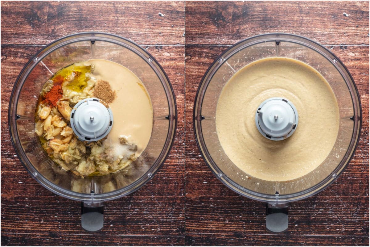 Zwei Fotocollagen, die Baba-Ganoush-Zutaten in einer Küchenmaschine zeigen und verarbeiten.