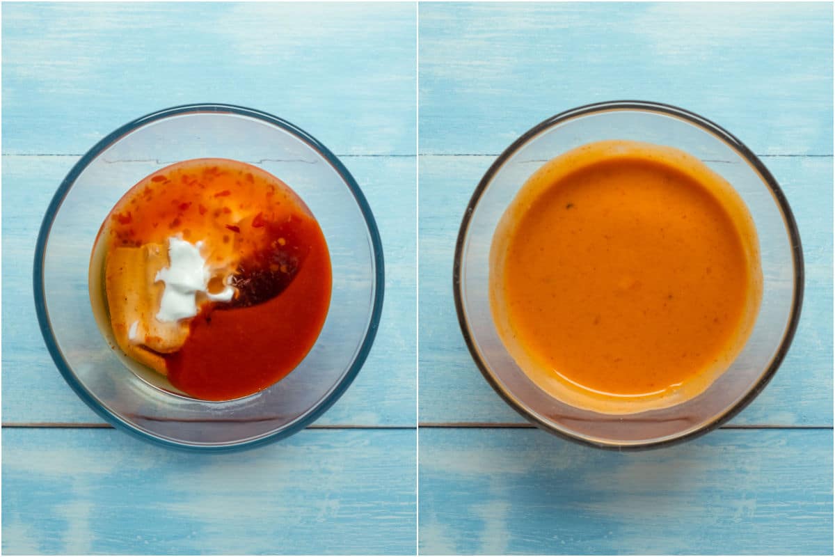 Two photo collage showing ingredients for bang bang sauce added to a bowl and mixed together.