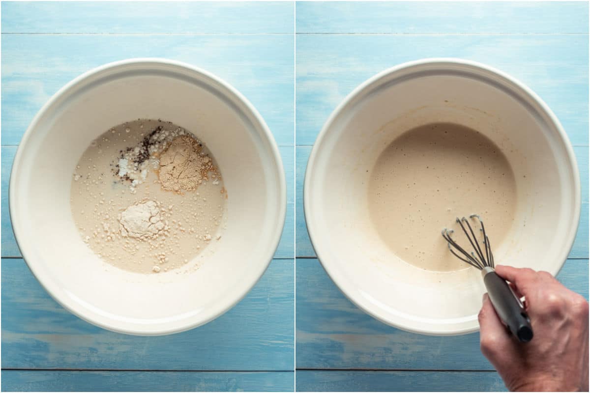 Collage of two photos showing ingredients for batter added to bowl and mixed together.