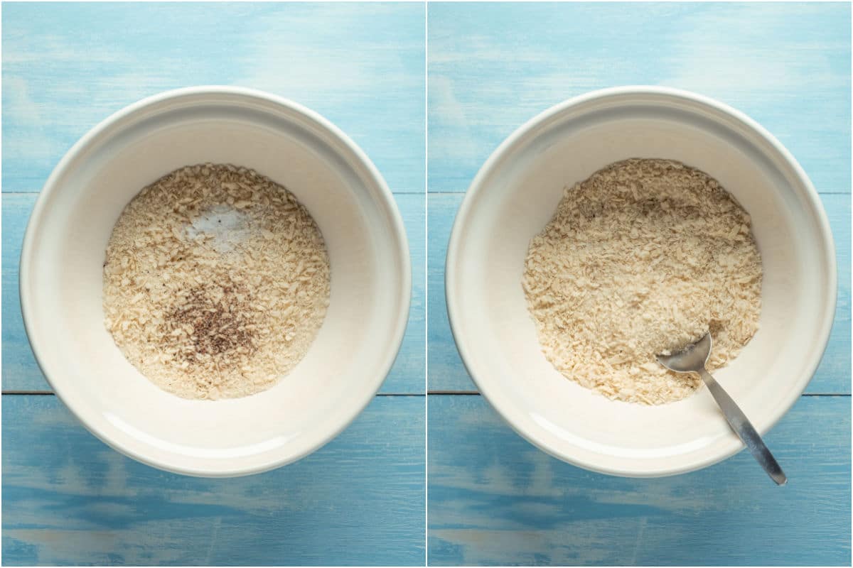 Two photo collage showing breadcrumbs, salt and pepper added to bowl and mixed together.