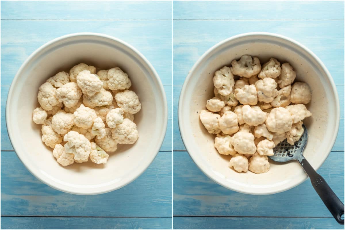 Two photo collage showing cauliflower florets added to batter and mixed so that the cauliflower is covered in batter.