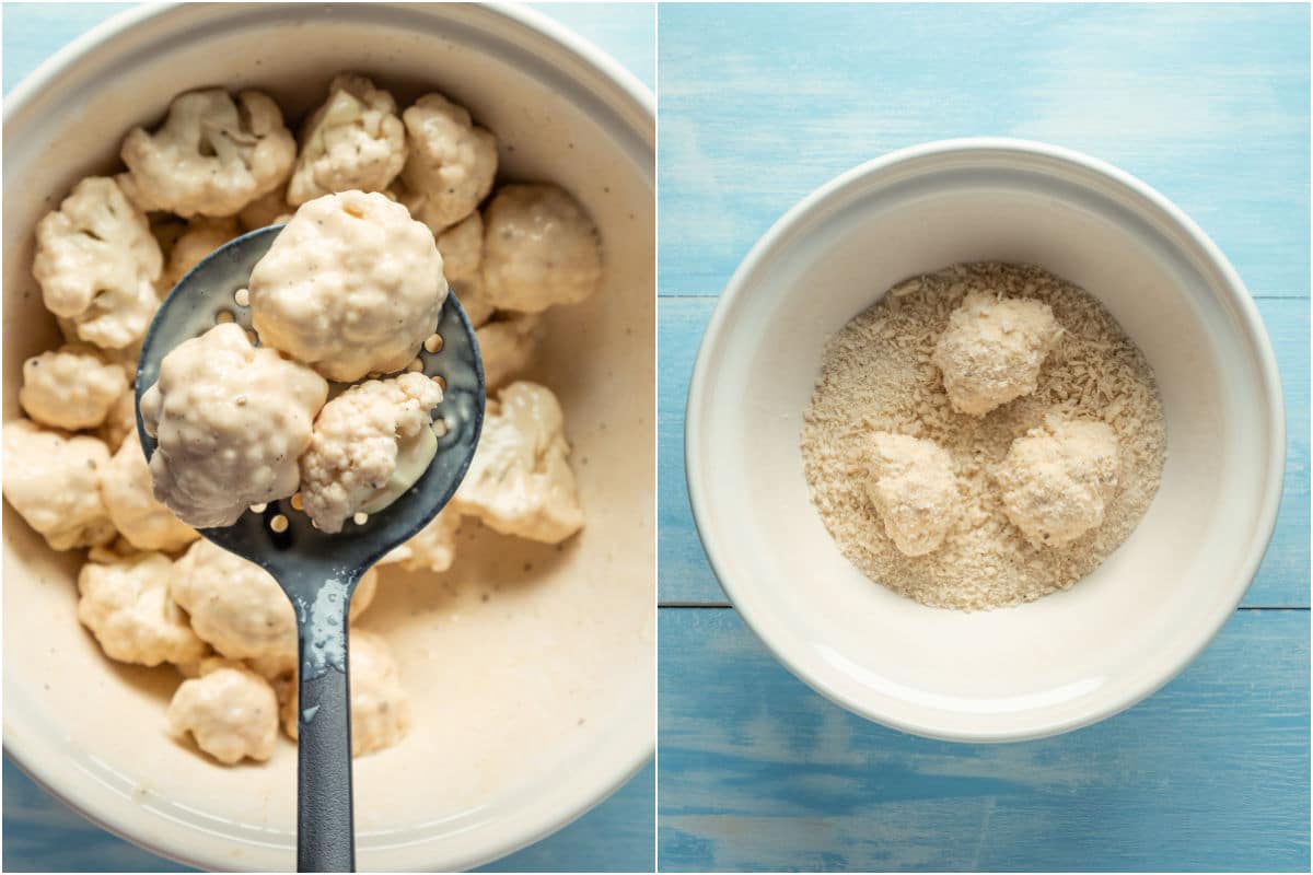 Two photo collage showing battered cauliflower added to breadcrumbs and coated.