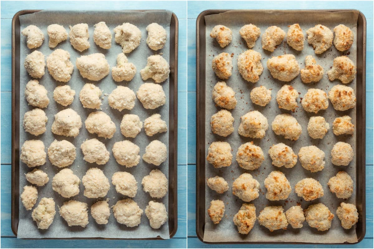 Two photo collage showing battered and breaded cauliflower on a parchment lined baking tray before and after baking.