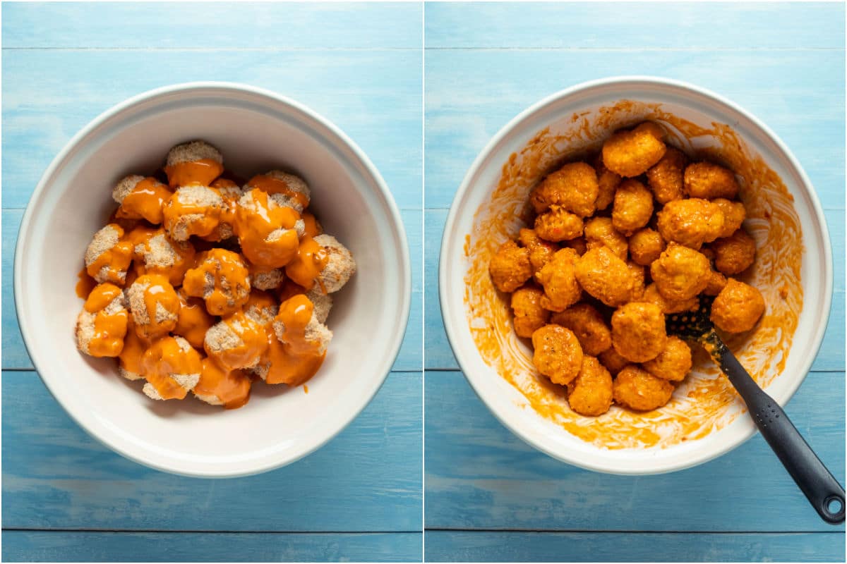 Two photo collage showing baked cauliflower added to mixing bowl with bang bang sauce and tossed until coated.