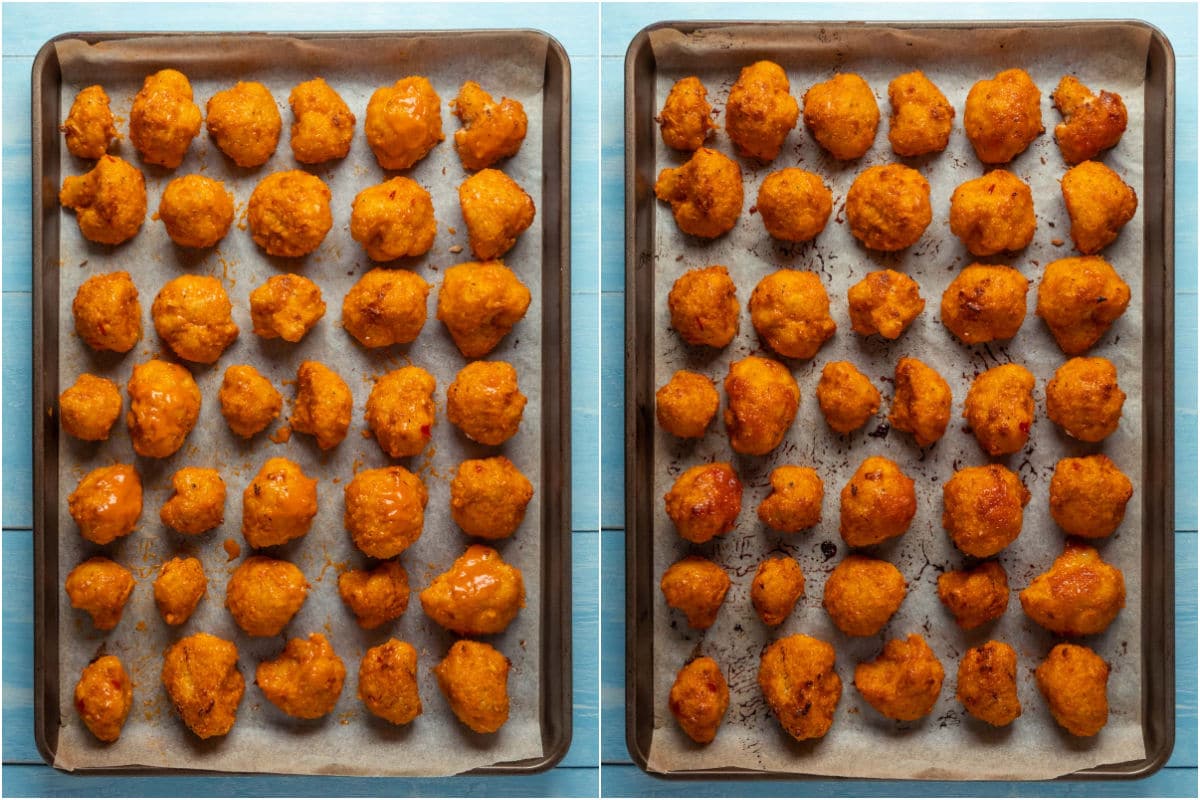 Two photo collage showing bang bang cauliflower on a parchment lined baking tray before and after baking.