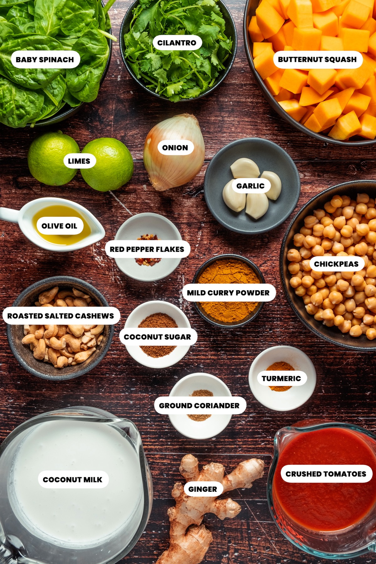 Foto der Zutaten, die für die Zubereitung eines veganen Butternusskürbis-Currys benötigt werden. 