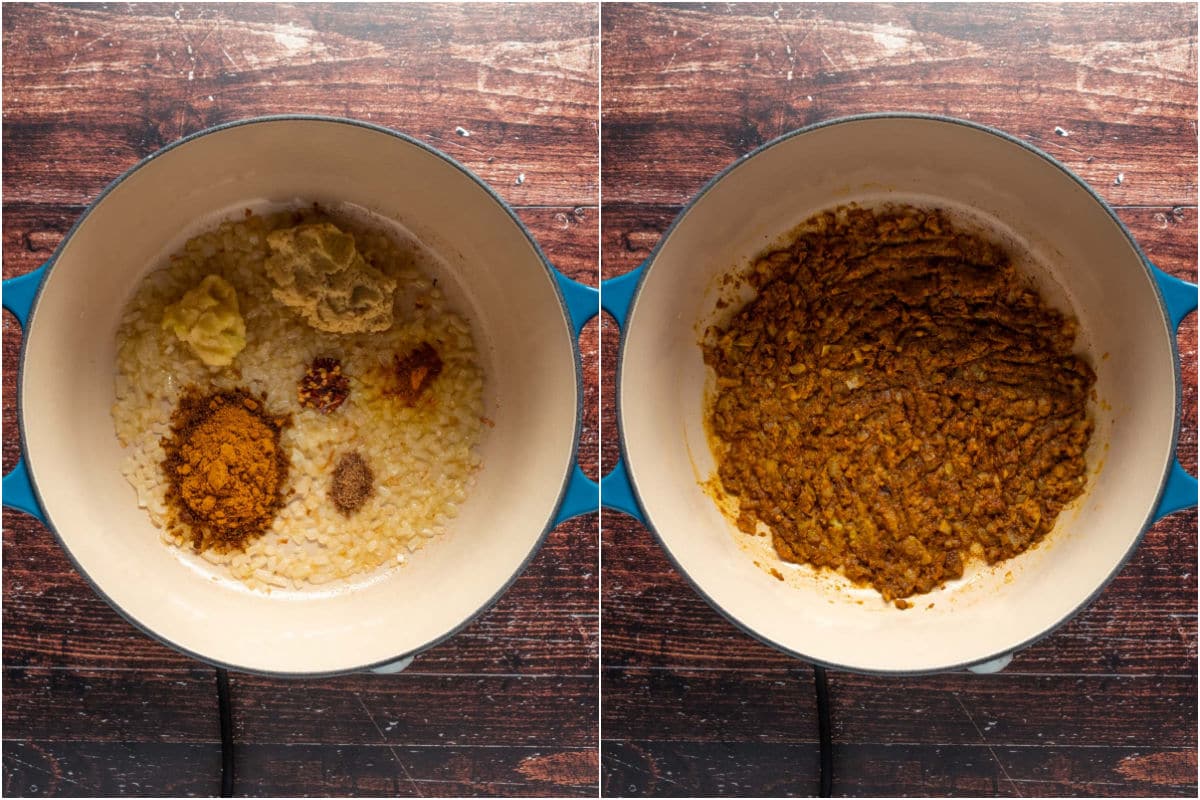 Two photo collage showing garlic, ginger and spices added to pot and sautéed.