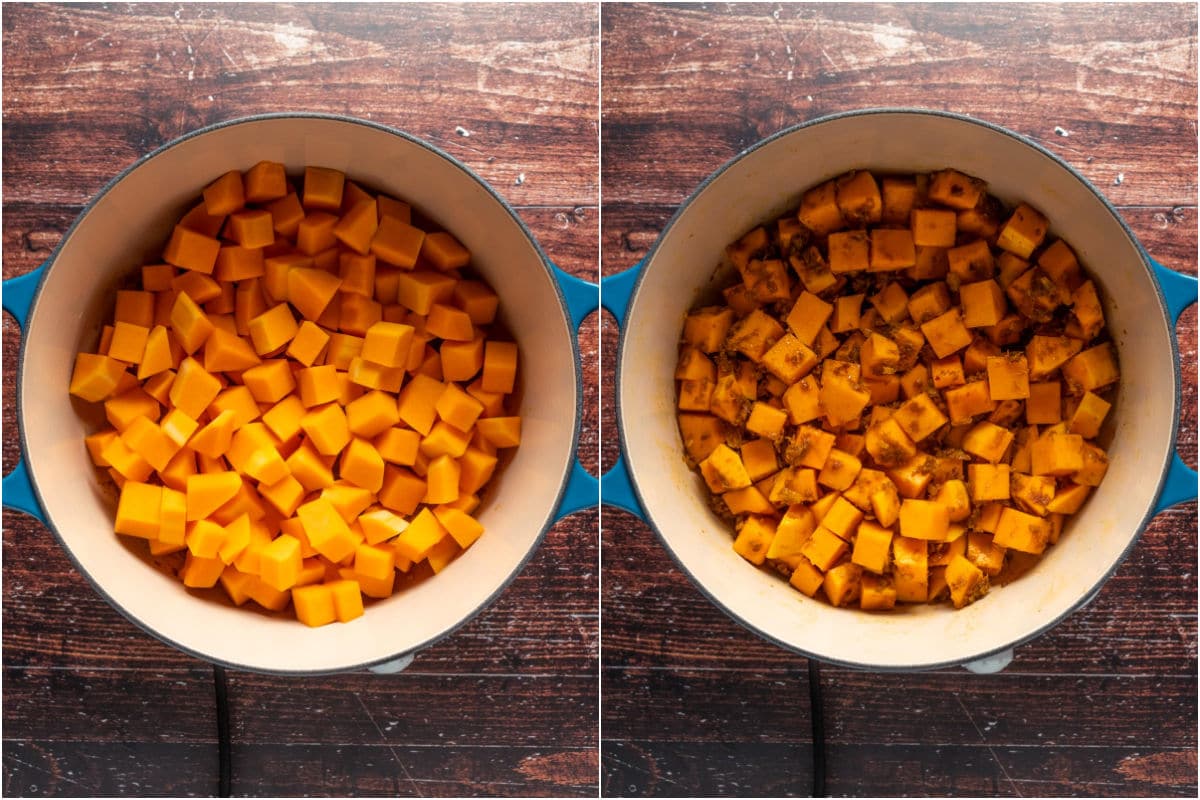 Two photo collage showing chopped butternut squash added to pot and tossed with the onions and spices.