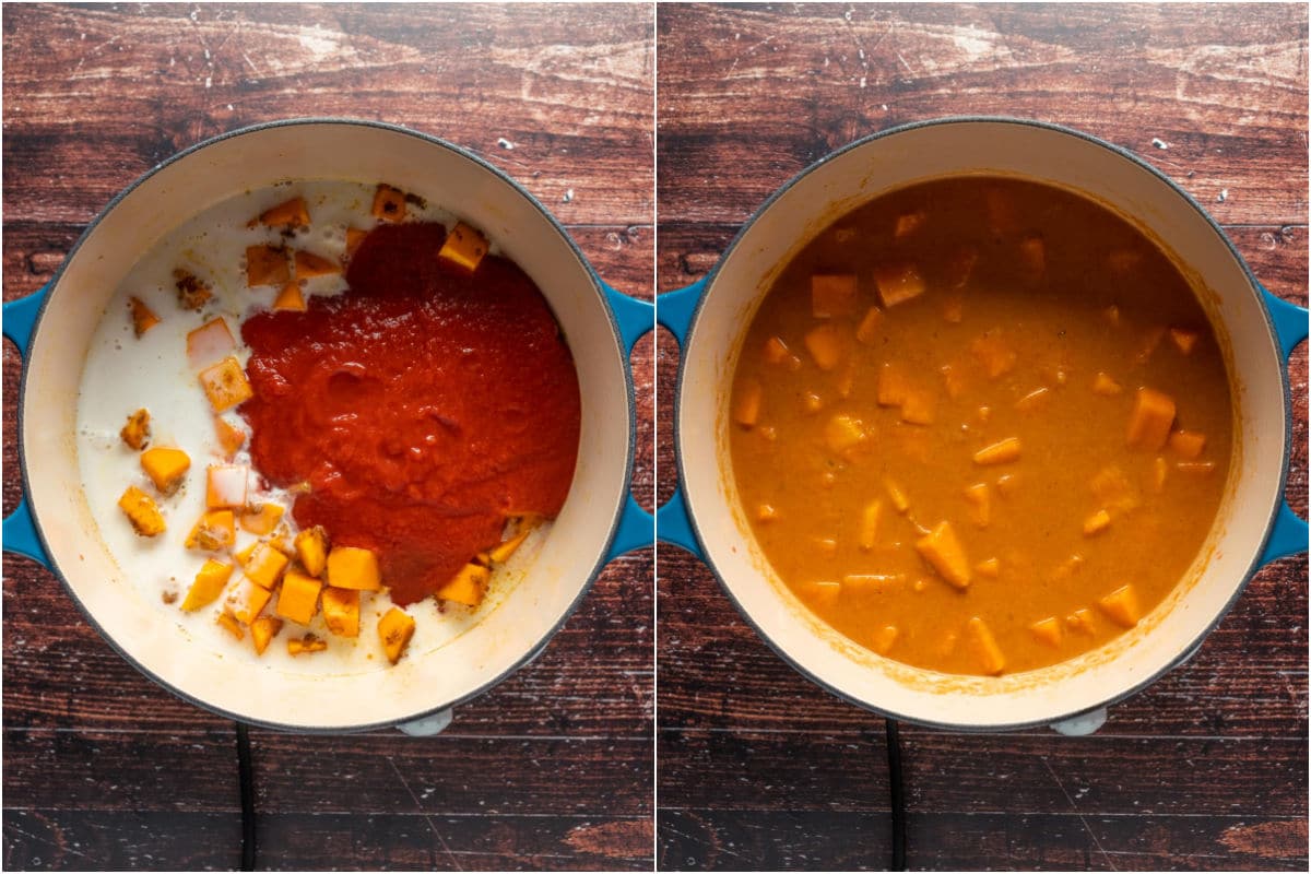 Zwei Fotocollagen mit zerdrückten Tomaten, in den Topf gegebener und verrührter Kokosmilch.