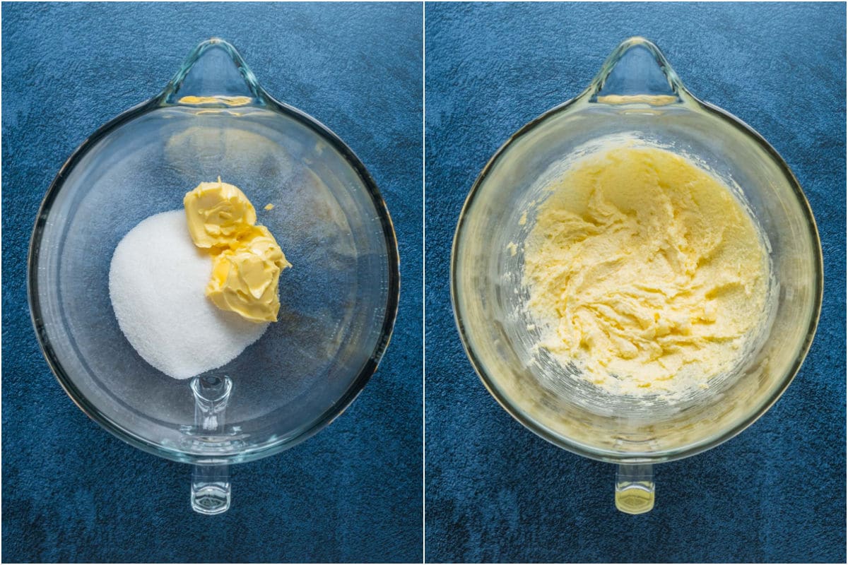 Collage of two photos showing vegan butter and sugar added to bowl of stand mixer and creamed together.