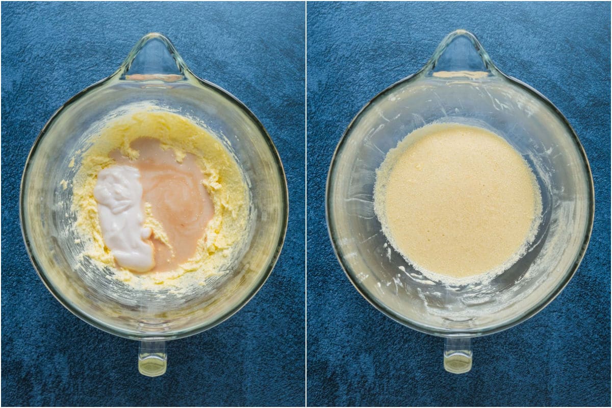 Collage of two photos showing vegan yogurt and soy milk added to mixing bowl and mixed in.