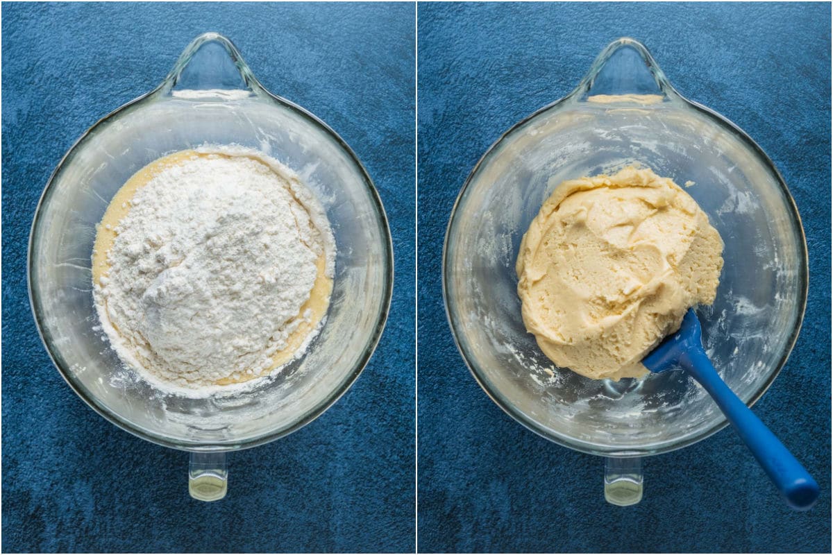 Two photo collage showing dry ingredients added to wet and mixed into a thick cookie dough.