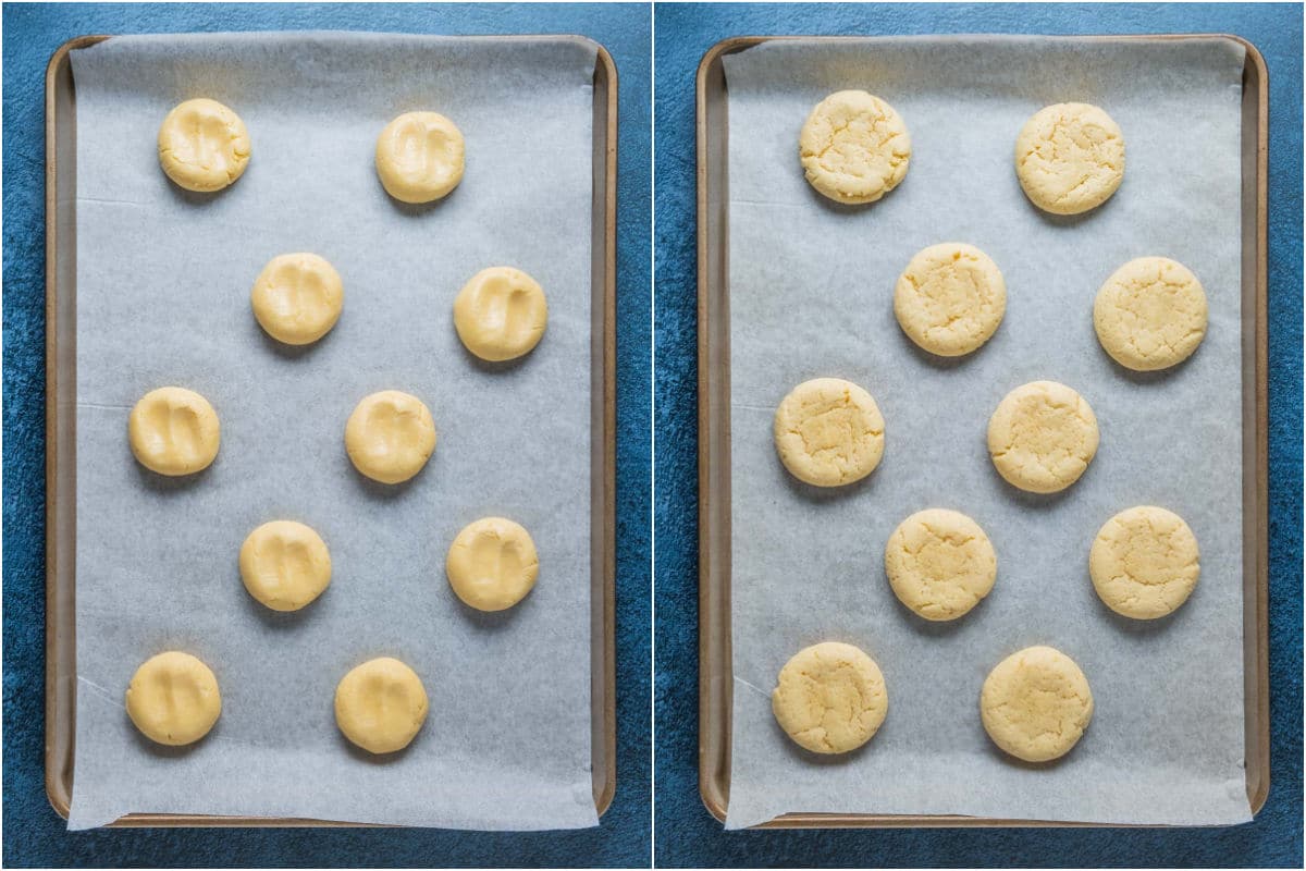 Two photo collage showing cookies on a baking sheet before and after baking.