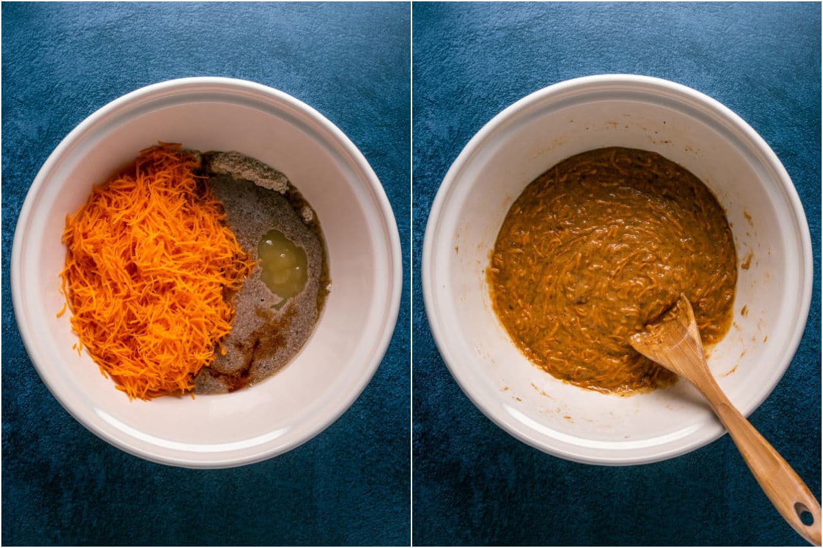 Two photo collage showing wet ingredients added to dry and mixed into a batter.