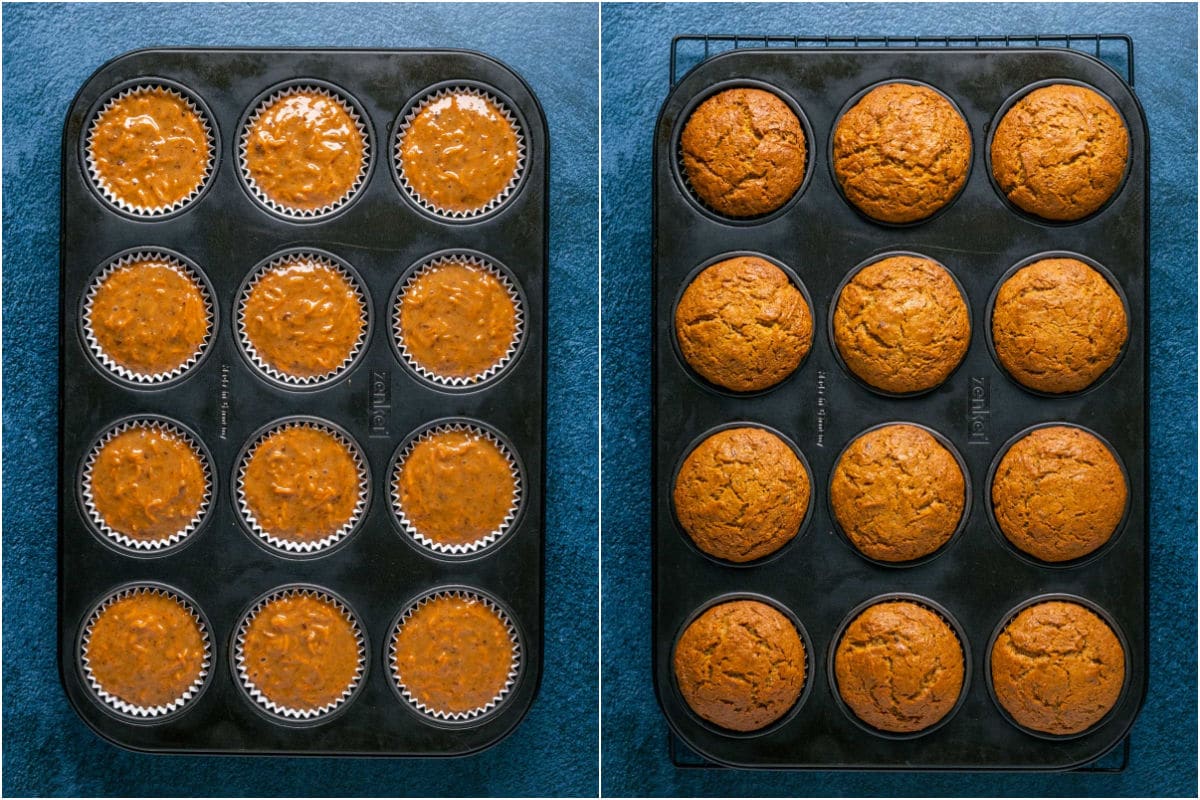 Two photo collage showing cupcakes before and after baking.